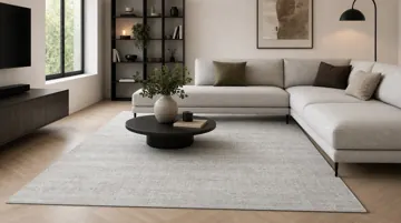 Beenom rug under a beige sectional sofa