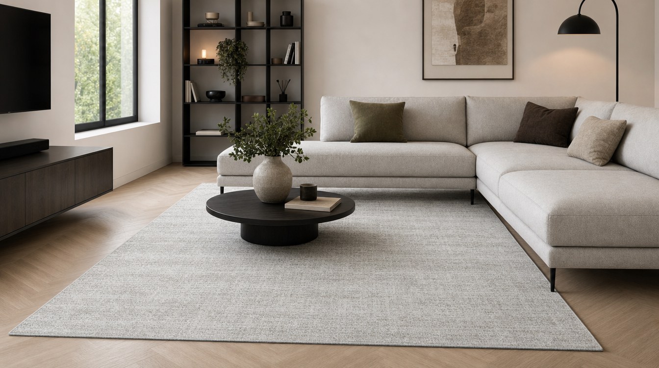 Beenom rug under a beige sectional sofa