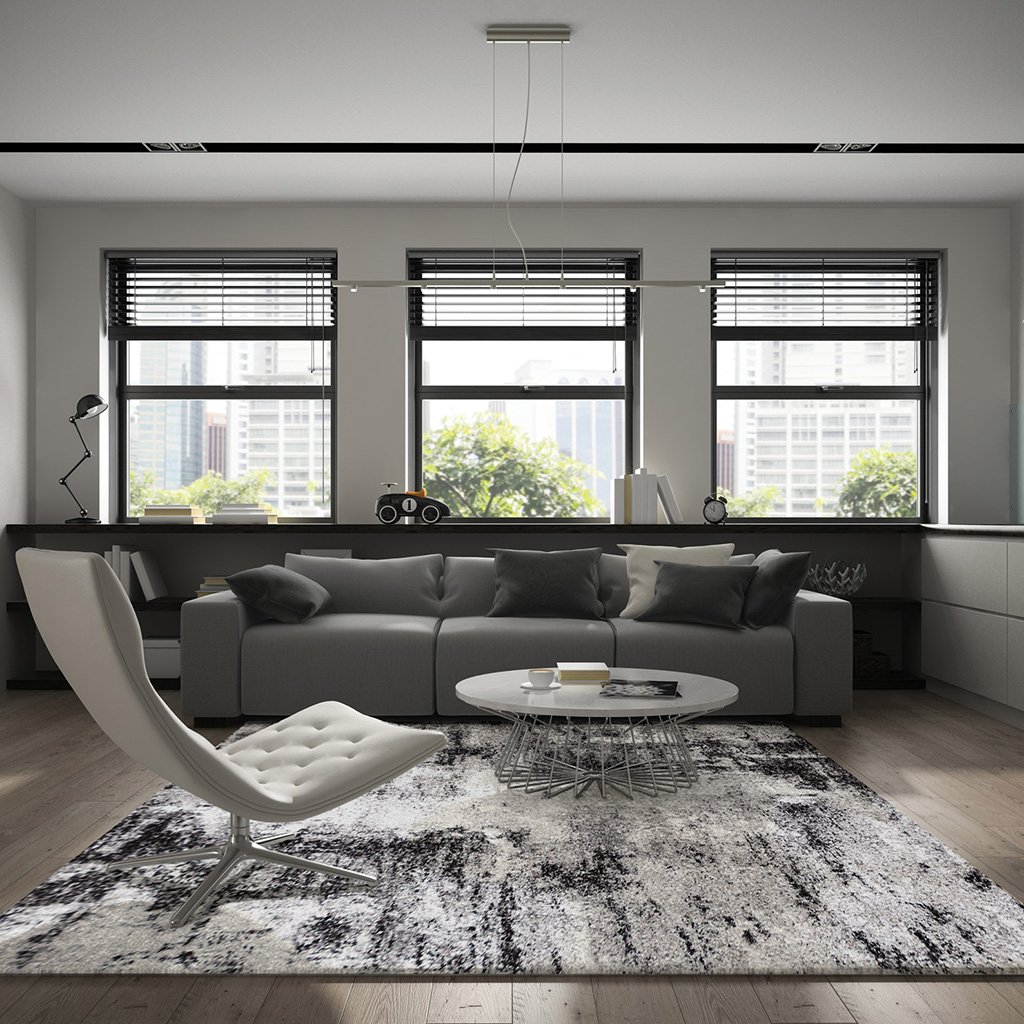 Phoenix rug in a dark living room