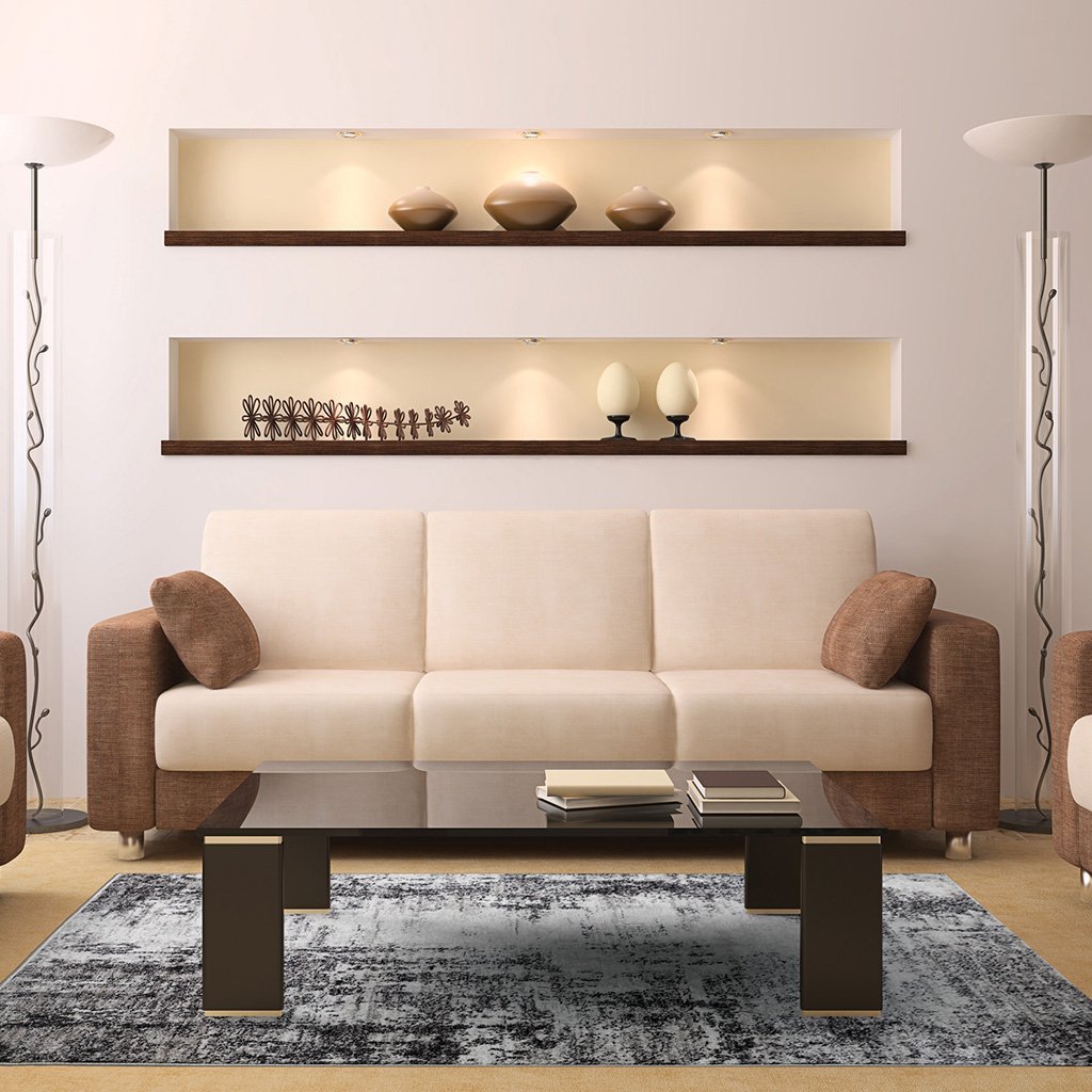 Phoenix rug under a beige sofa
