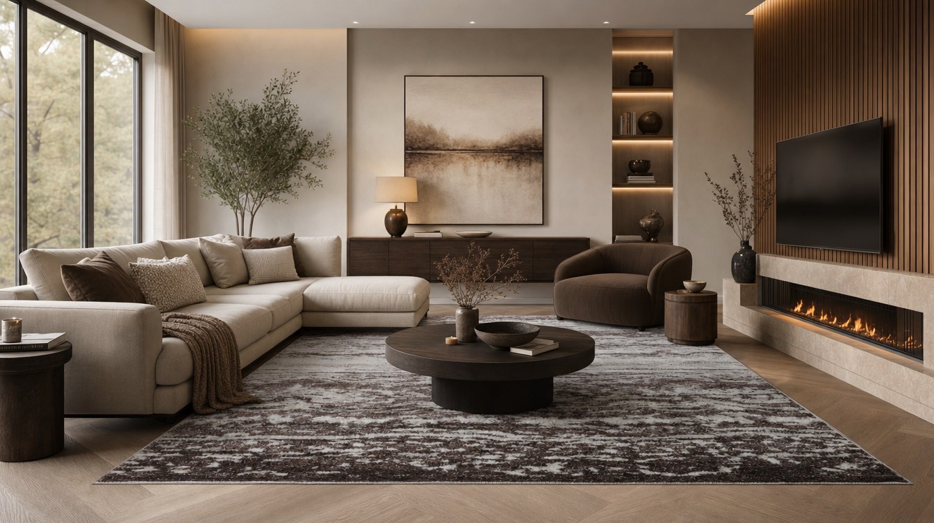 Phoenix rug in a living room with TV wall