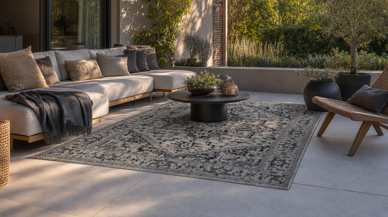 Plutus patterned rug on a patio