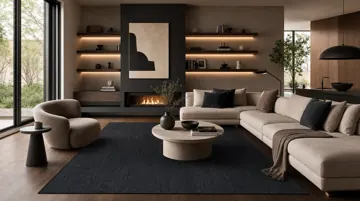 Plutus black rug in a dark living room