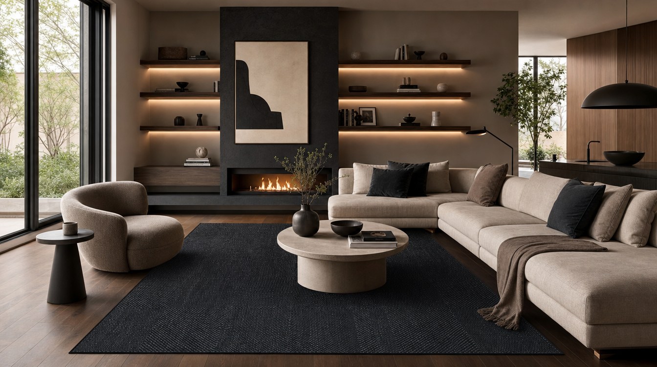 Plutus black rug in a dark living room