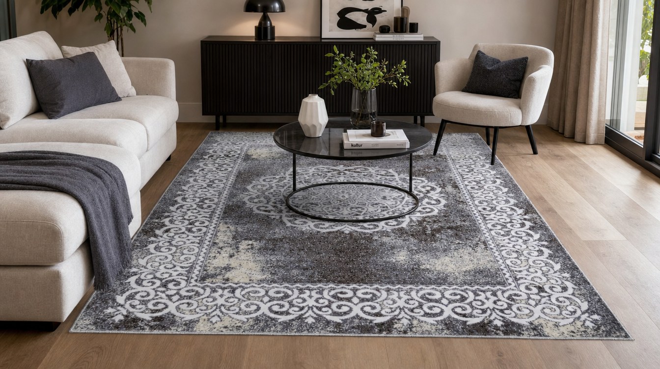 Victoria ornate bordered rug in a living room