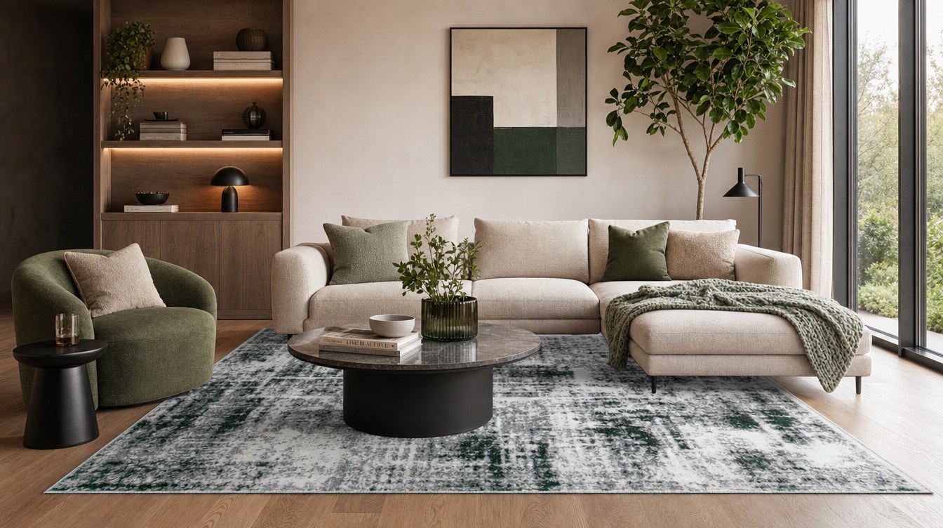 Victoria green-toned rug with sofa