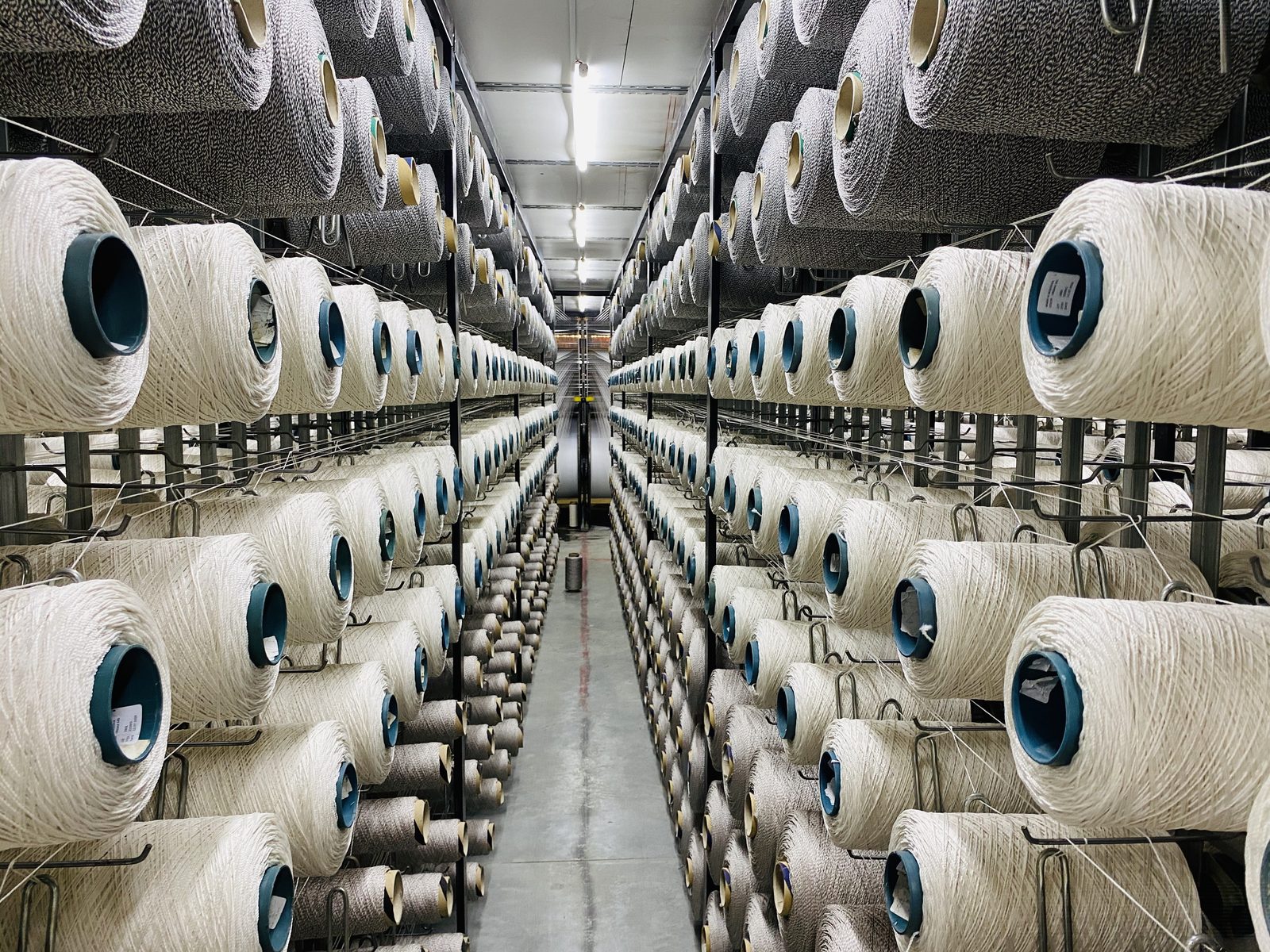 Cones of yarn on the creel at Euro Yarns